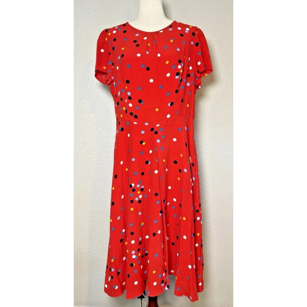Boden NEW fit & flare round neck red colored dot lined dress sz 12L city classic - Picture 2 of 10